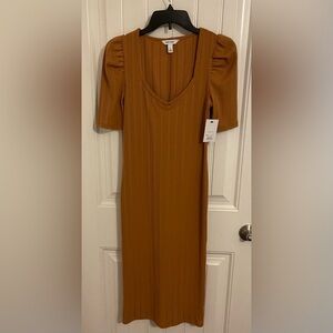 PUFF SHORT SLEEVE MIDCALF DRESS women size S vertical ribbing cinnamon/chestnuts